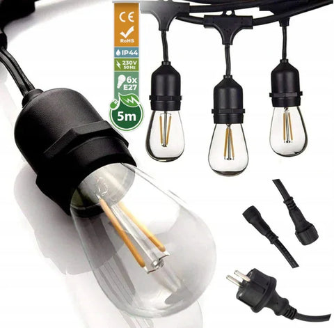 Ghirlandă LED Exterior 5m cu 6 Becuri Filament 1W E27, IP44