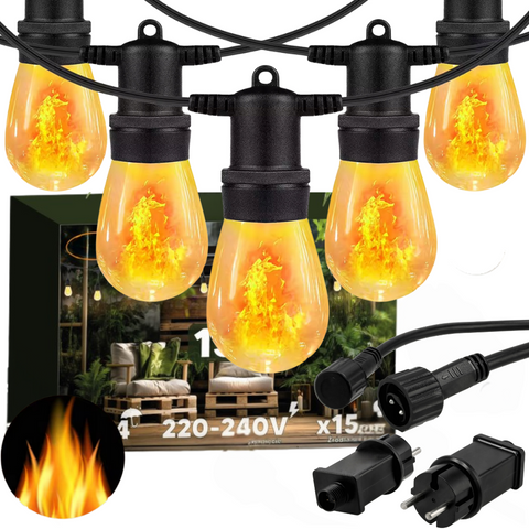 Ghirlandă luminoasă LED 15 m cu 15 becuri efect flacără pentru grădină și terasă
