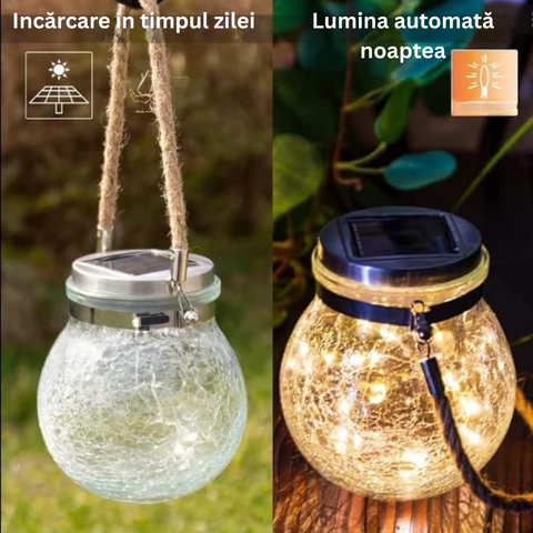 Glob LED cu panou solar integrat, suspendat în grădină, în timpul încărcării, led-box.ro
