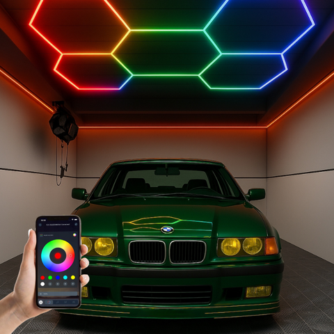 Sistem de iluminat hexagonal RGB pentru garaj și atelier