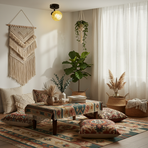 Corp iluminat boho modern din ratan bej montat pe tavan