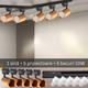 Set modern cu șină neagra și 5 proiectoare Diamond, fiecare dotat cu bec LED GU10 Osram 10W, pentru iluminat interior.
