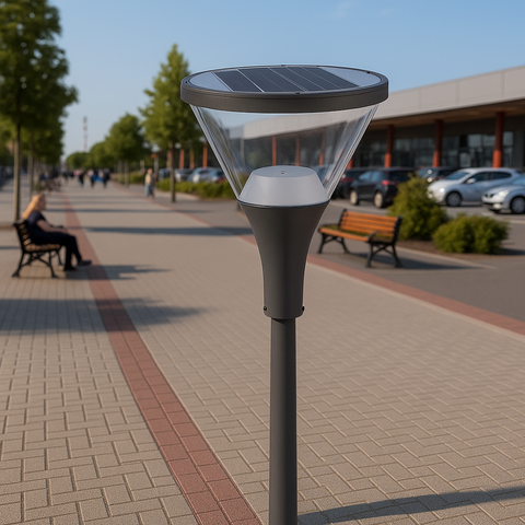 Corp de iluminat solar pentru alei, cu difuzor transparent și panou fotovoltaic integrat, led-box.ro