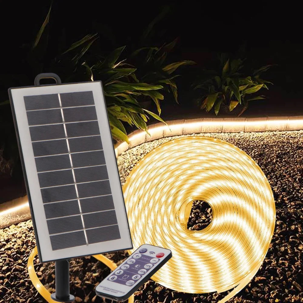 Bandă Solară – Lumină Caldă IP68, Senzor, Dimabilă, Telecomandă, 5M ...