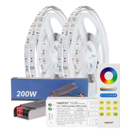 kit banda led smart tuya, 2 benzi led RGB de 10 metri, o sursa 200w 24V, telecomanda Miboxer, controller led