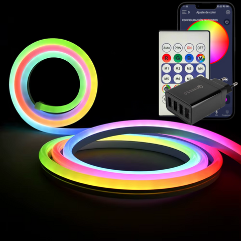 Conținutul pachetului: bandă LED neon flex led rgb 5m, telecomandă, alimentator USB, led-box.ro