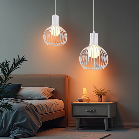 Lustră Carol pentru living, alb mat, bec E27 vizibil prin structură.