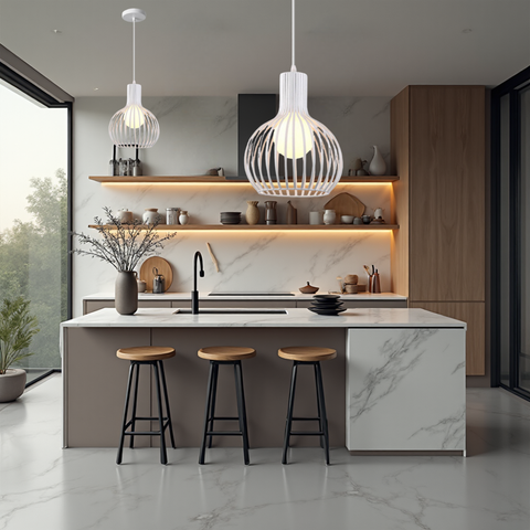 Lampă Carol pentru dining, design sculptural și difuzor opal.