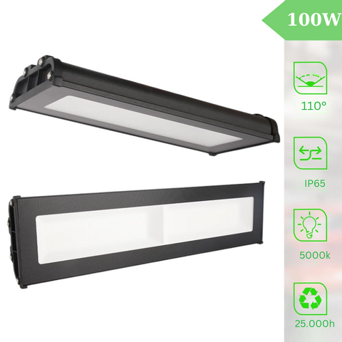 Lampă LED industrială liniară APV de 100W, montaj suspendat cu inele metalice, carcasă neagră din aluminiu
