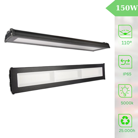 Lampă LED industrială liniară APV de 150W, montaj suspendat cu inele metalice, carcasă neagră din aluminiu

