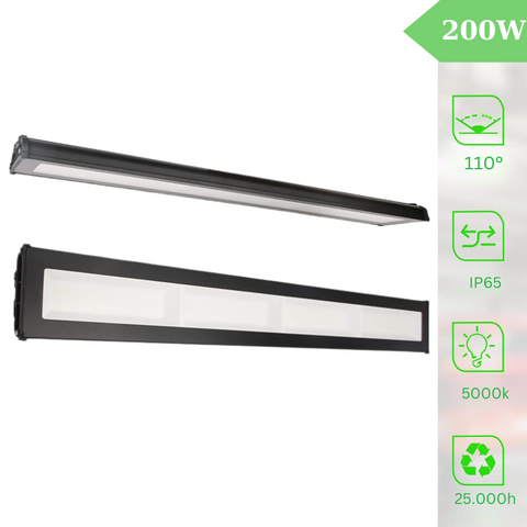 Lampă LED industrială liniară APV de 200W, montaj suspendat cu inele metalice, carcasă neagră din aluminiu
