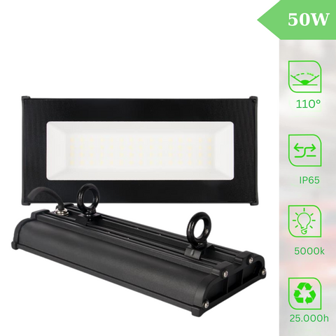 Dispozitiv de iluminat tip High Bay LED 50W, protecție IP65, ideal pentru montaj suspendat în medii solicitante
