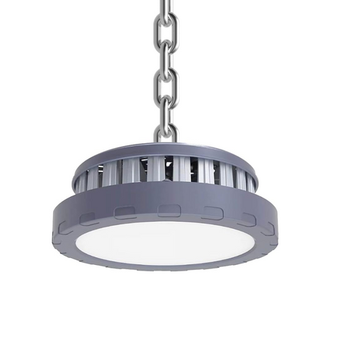 Lampă LED industrială UFO de 100W cu carcasă gri din aluminiu, montată pe lant, led-box.ro.
