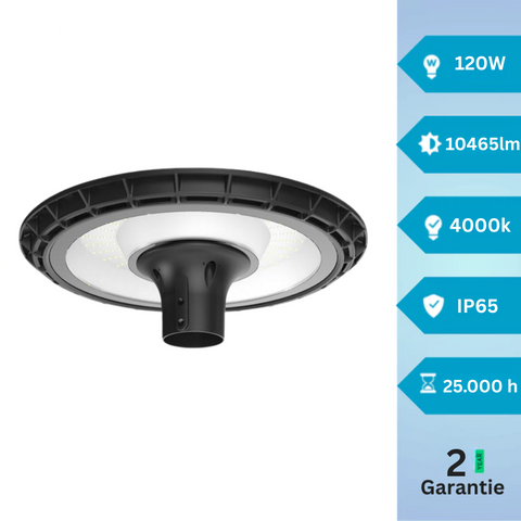 Lampă LED stradală de exterior 120W, carcasă neagră din aluminiu și sticlă securizată
