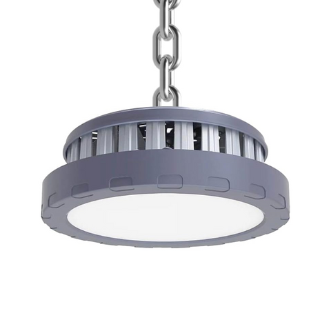 Lampă LED industrială UFO de 150W cu carcasă gri din aluminiu, montată pe lant, led-box.ro