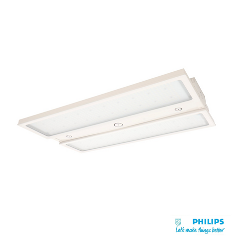 Lampă LED industrială 400W montată suspendat sau aplicat, carcasă albă, protecție IP65 și IK06