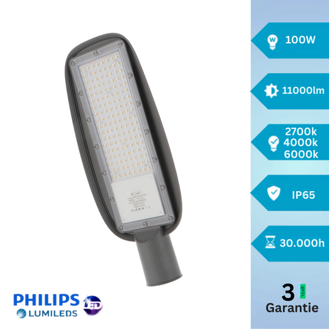 Lampa LED stradala 100w 11000 lumeni, led philips lumileds, 3 ani garantie, iluminat eficient curte sau alei, led-box.ro