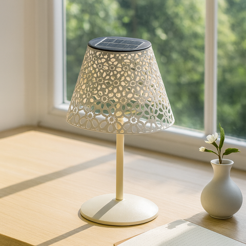 Lampă solară decorativă de masă pentru terasă, model floral
