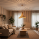 Lampă suspendată Pitingo Plus din ratan natural, formă neregulată, montată în living