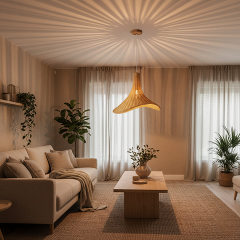 Lampă suspendată Pitingo Plus din ratan natural, formă neregulată, montată în living