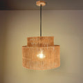 Lampă suspendată Rat din ratan natural, design dublu cilindric iluminat cald