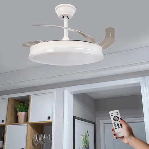 ventilator cu telecomanda si lustra led, ventilator tavan cu lustra led, lustra led CCT cu ventilator tavan, ventilator cu lamele retractabile, ventilator tavan silentios, led-box.ro