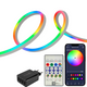 Bandă LED neon flex RGB montată în living, birou sau camera pentru efecte de lumină ambientală
