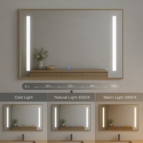 Detaliu ramă aurie oglindă LED baie