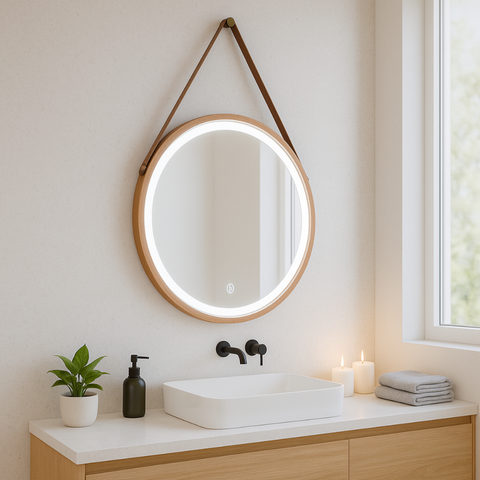 Oglindă modernă iluminată în baie minimalistă