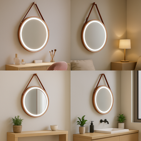 Oglindă rotundă suspendată pe curea design premium