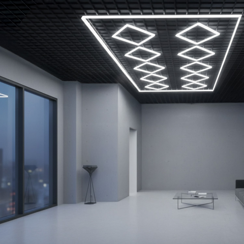 Panou LED Hexagonal Romb 510 W montat pe tavan într-un showroom modern

