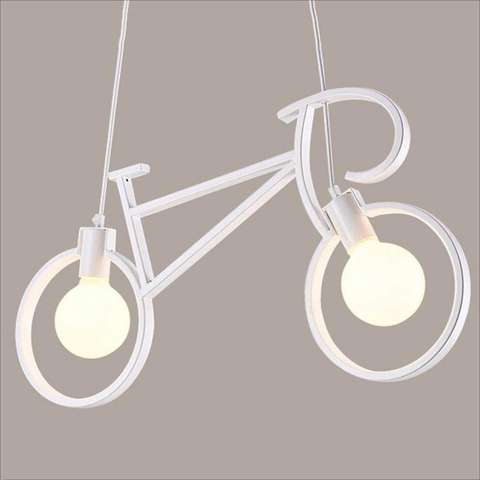 Detaliu lampa bicicletă, structură metalică albă și becuri expuse