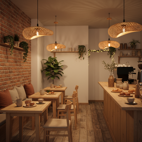 Pendul boho din ratan împletit cu lumină caldă
