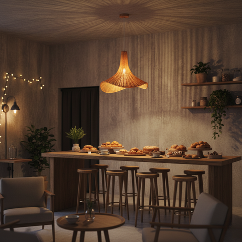 Pendul ratan asimetric Pitingo cu lumină caldă în living