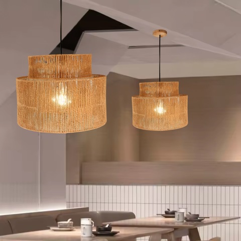 Pendul Rat boho din ratan împletit, lumină ambientală pentru living