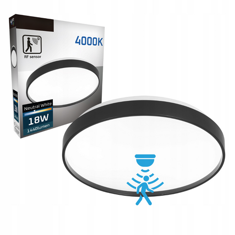 Plafoniera LED 18W cu senzor RF montată pe tavan alb
