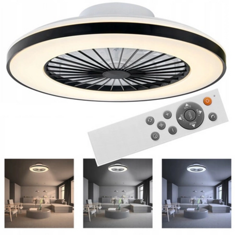Vedere frontală plafoniera LED KLEO 36W+15W neagră într-un living modern
