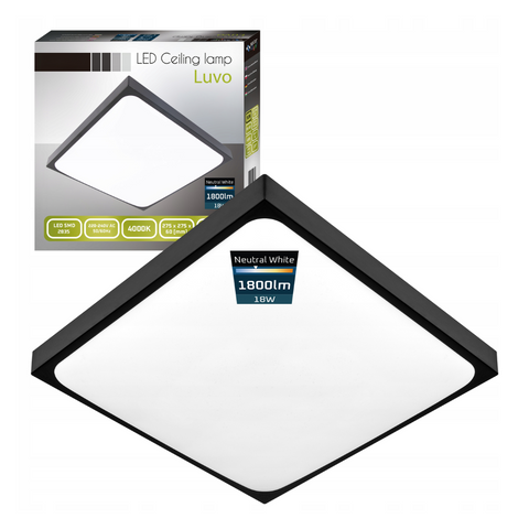 Vedere frontală plafonieră LED 275x275mm neagră cu lumină neutră 4000K
