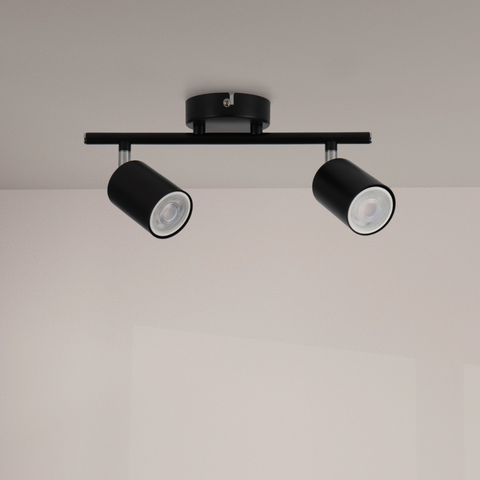 spot tavan negru cu două surse GU10, plafonieră interior modern neagră