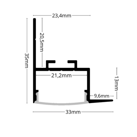 desen tehnic cu dimensiuni profil led din aluminiu, lungime 2 metri, latime 21,2mm