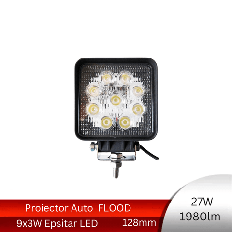 Proiector LED Auto Offroad 27W/12V-24V, Patrat, Flood Beam 60° - led-box.ro