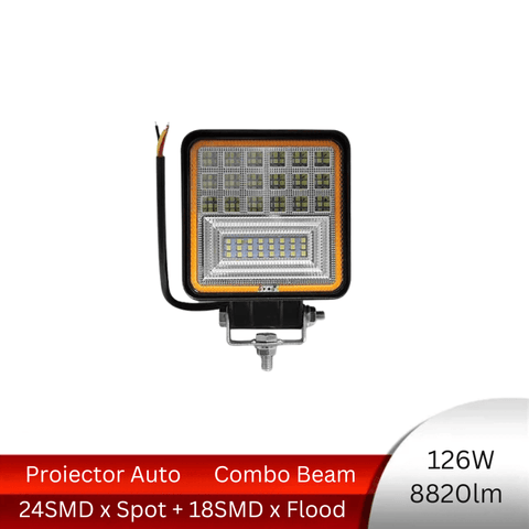 proiector auto patrat, proiector led auto 126w, proiectoare auto combo, proiectoare off road, proiector offroad 12v-24v, proiectoare led camion, proiectoare suv, proiector 12v-24v auto, led-box.ro