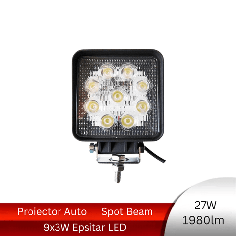 Proiector LED Auto Offroad Patrat, 27W/12V-24V, Spot Beam 30° - led-box.ro