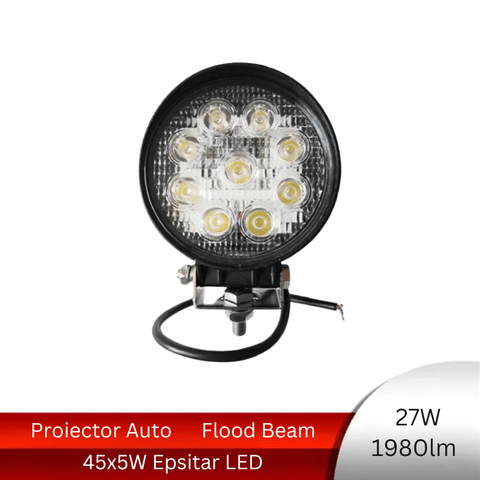 proiector auto rotund, proiector led auto 27w, proiectoare auto flood beam, proiectoare off road, proiector offroad 12v-24v, proiectoare led camion, proiectoare suv, proiector auto 1980lm, led-box.ro