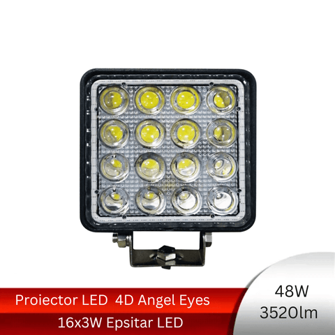 Proiector LED auto Patrat 4D Angel Eyes, 48w/3520lm, Spot Beam - led-box.ro