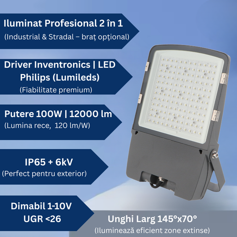 proiector LED 100W, proiector profesional LED, lumina rece 6000K, proiector industrial IP65, lampa stradala LED, proiector LED Lumileds, driver Inventronics, proiector LED dimabil, proiector 2 în 1, iluminat exterior puternic, lampa LED stradala 100W, led-box.ro
