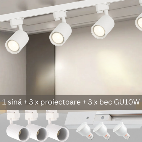 Sina albă de 1 metru cu 3 proiectoare Diamond echipate cu becuri LED GU10 Osram 10W, montată elegant pe un tavan 
