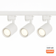 Set modern cu șină albă și 3 proiectoare Diamond, fiecare dotat cu bec LED GU10 Osram 10W, ideal pentru iluminat interior.

