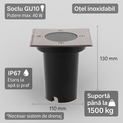 Imagine spot cu dimensiuni, soclu si clasa de protectie IP67, otel inoxidabil, etans la apa si praf, led-box.ro