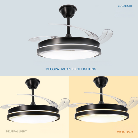 Ventilator camera cu lustra led cct, lumina decorativa ambientala in trei temperaturi de culoare, led-box.ro